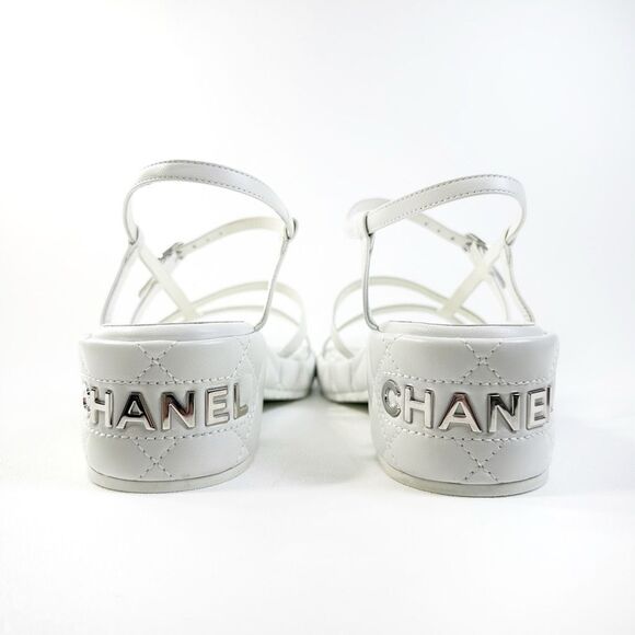 CHANEL 2023 White Quilted Leather Sandal Size 39 Open Toe Slingback Platform - Picture 3 of 15